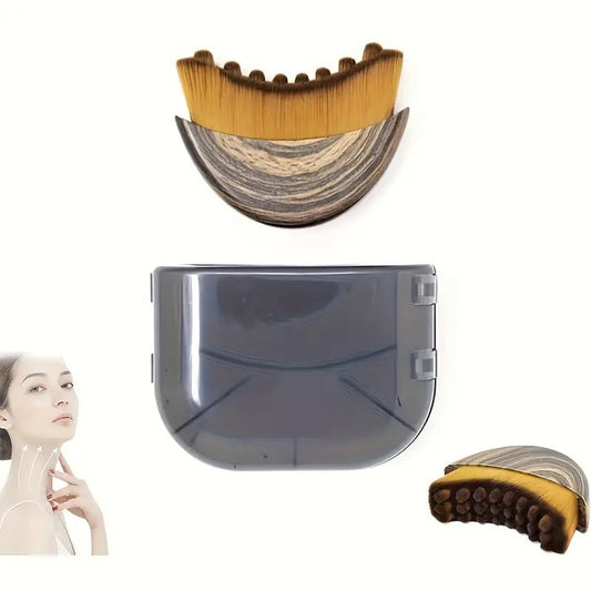 Collage of a neck scrubber, a gray device, and a woman with a neck scrubber on a white background.