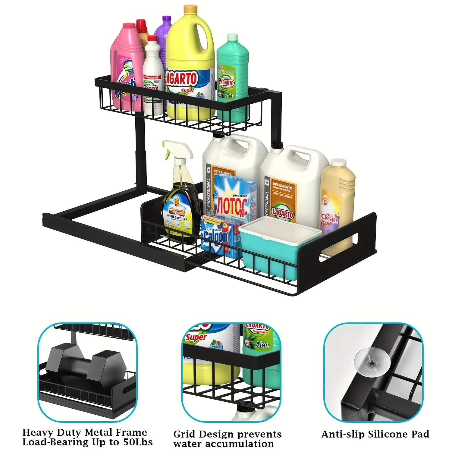 Black kitchen rack with cleaning supplies on a white background