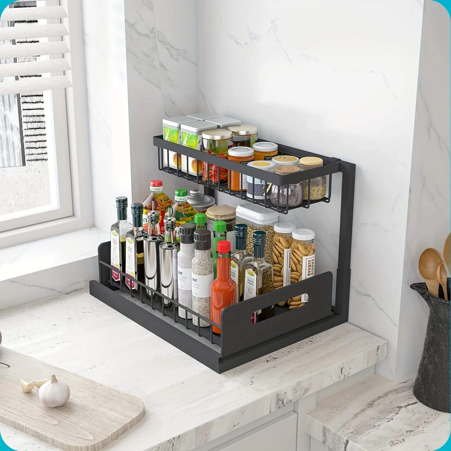 Black metal spice rack with various bottles and containers on a kitchen counter.
