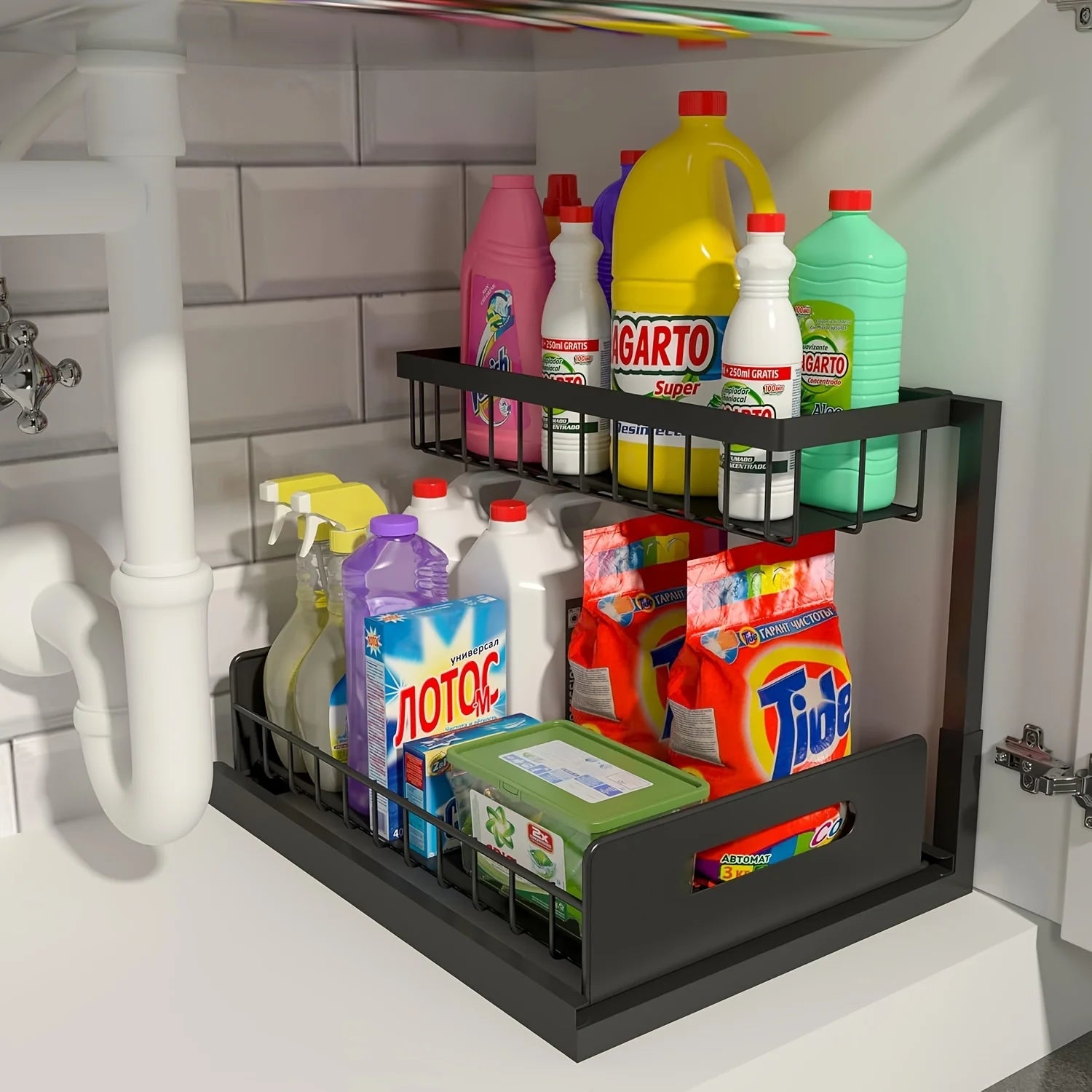 Under-shelf storage organizer with cleaning supplies in a kitchen.