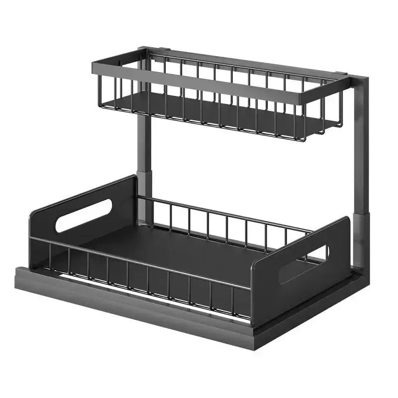 Black metal dish rack with two tiers on a white background