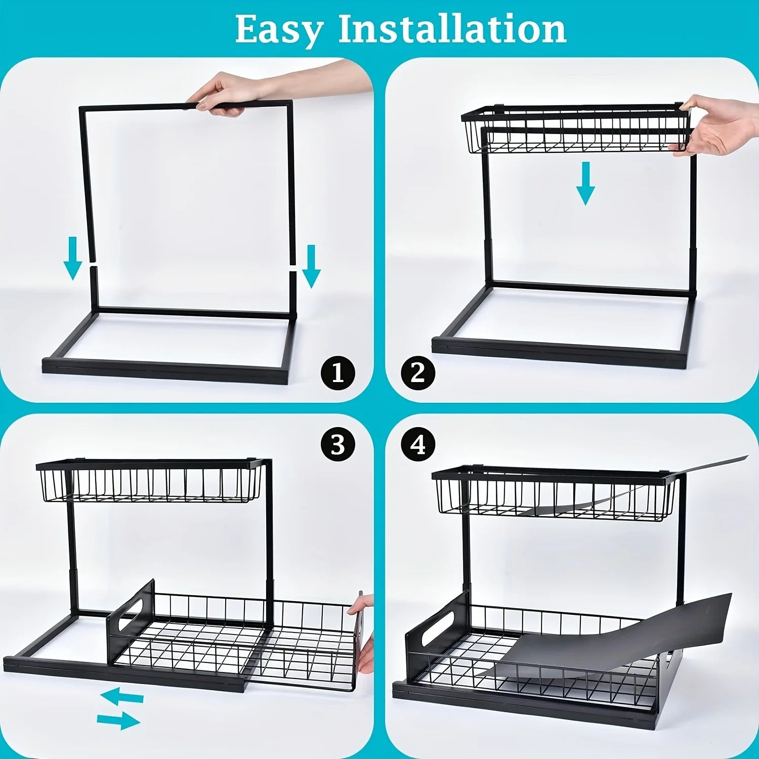 Step-by-step installation guide for a black metal shelf with arrows indicating actions.
