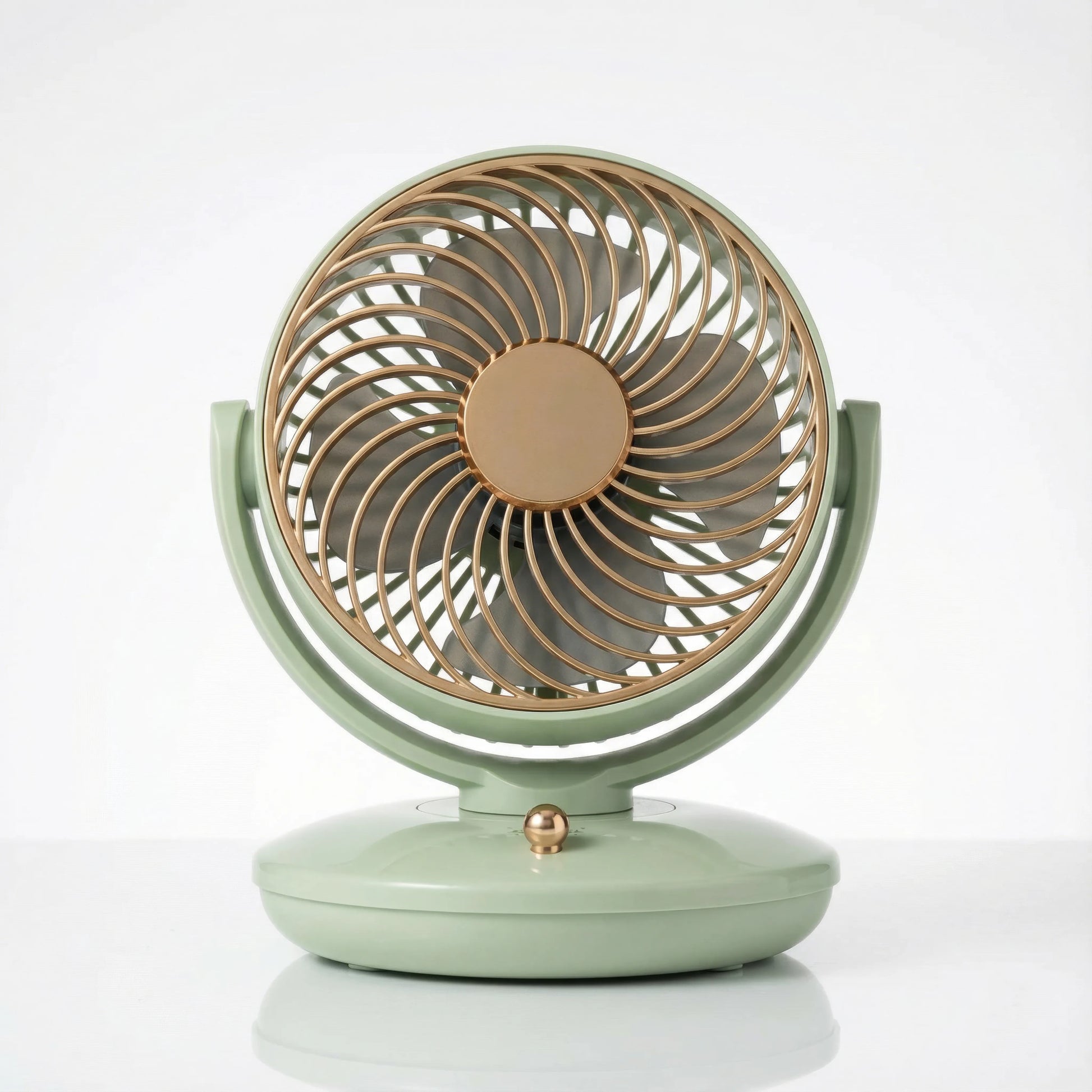 Portable fan with a green body and bronze accents on a white background