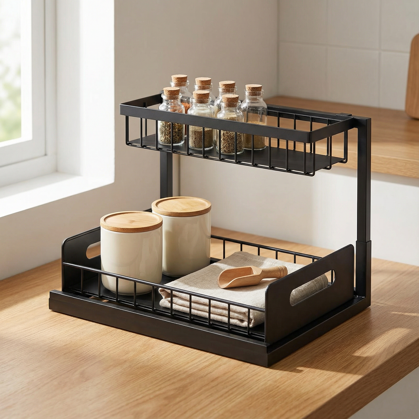 Under Sink Organizer 2-Tier, Heavy-Duty Steel Pull-Out Cabinet Storage Shelf